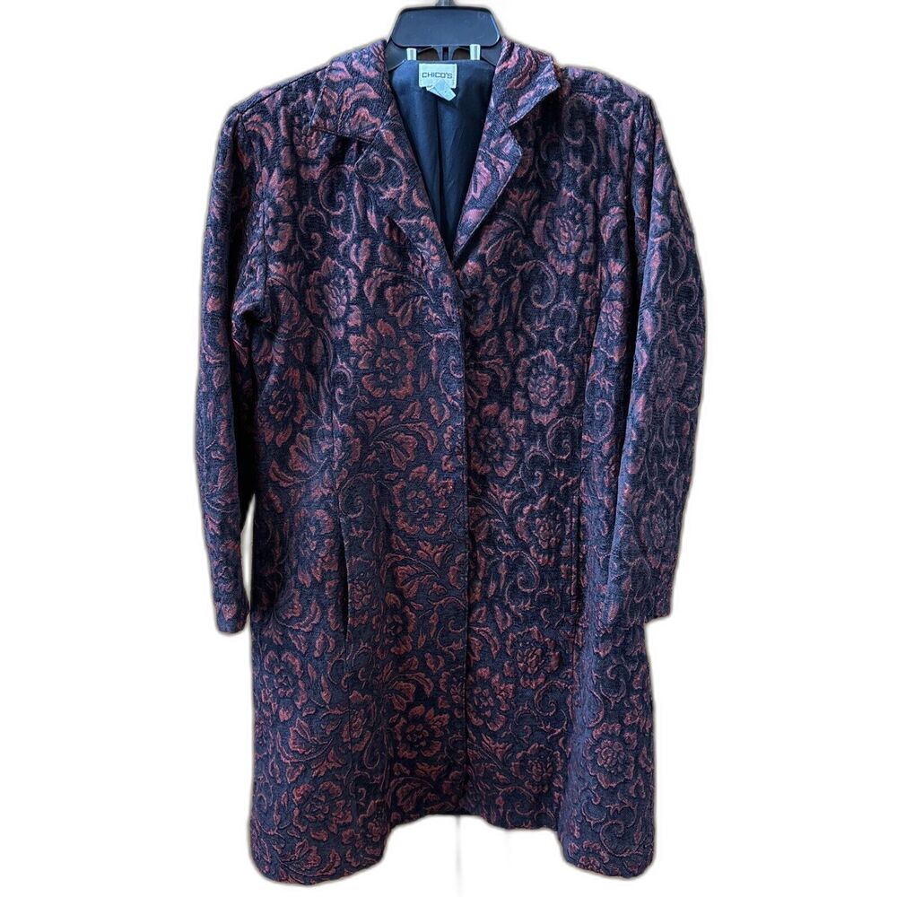 Chico's Black Red Dress Coat M 1 Textured Baroque Fabric Floral Lined Pockets